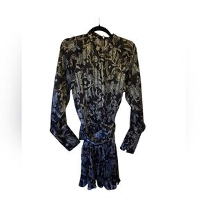 Reiss Sheer Belted Longsleeve Mini Dress Black & Silver Floral Pattern Size 8